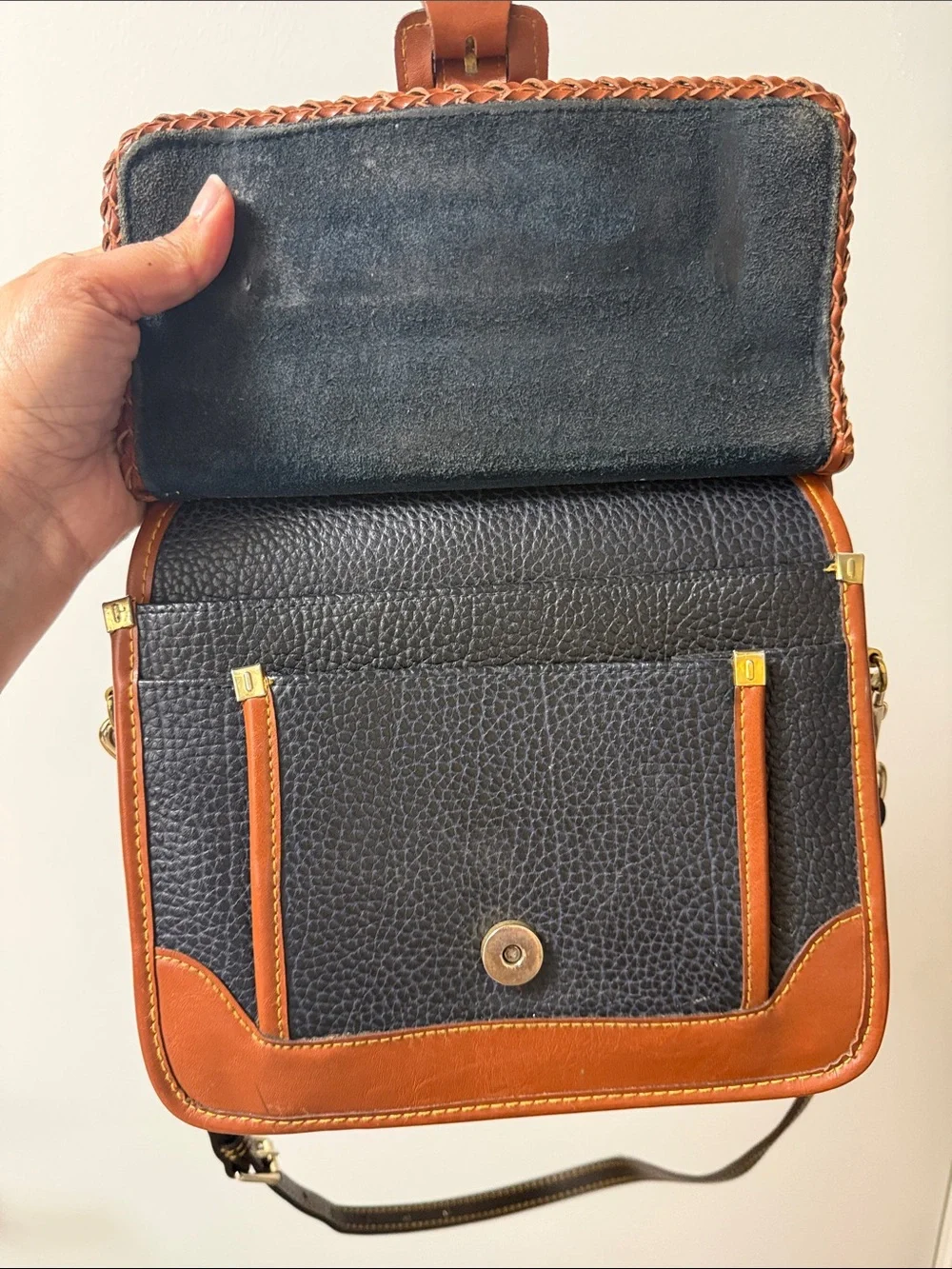 Vintage Blue and Brown Leather Top-Handle Satchel